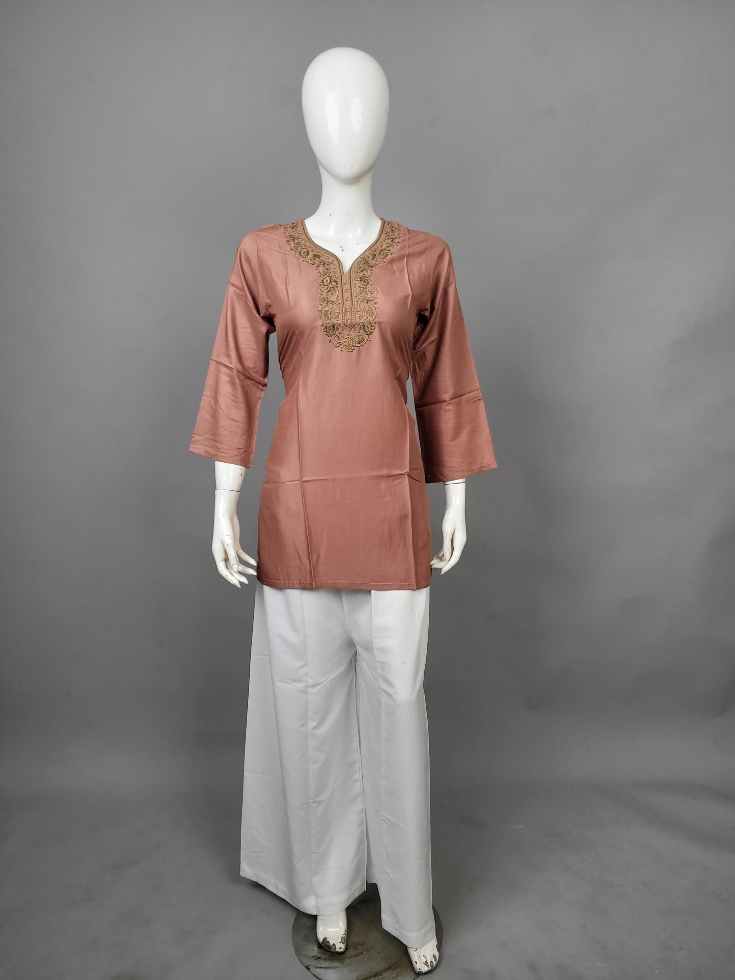 Elegant Brown Embroidered Kurta with Cotton Plazo