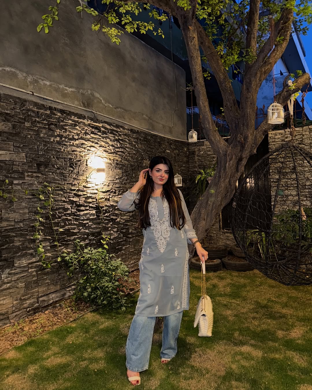 Lucknowi Chikankari Shirt with Gala Booty & Mirror Work (Grey With Inner)