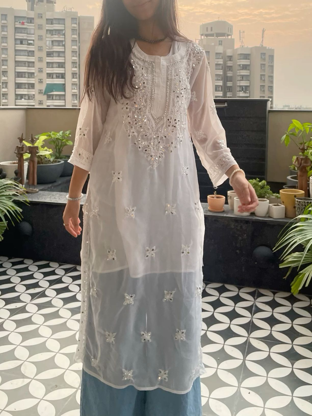 Lucknowi Chikankari Shirt with Gala Booty & Mirror Work (White With Inner)