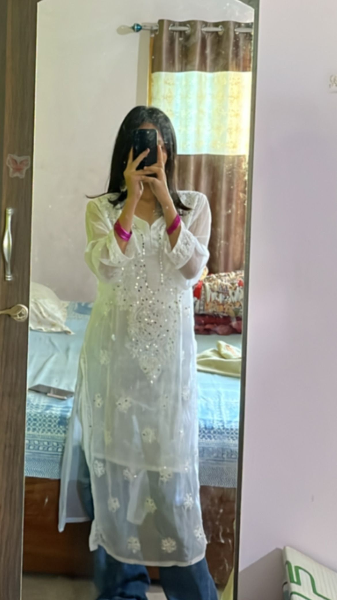 Lucknowi Chikankari Shirt with Gala Booty & Mirror Work (White With Inner)