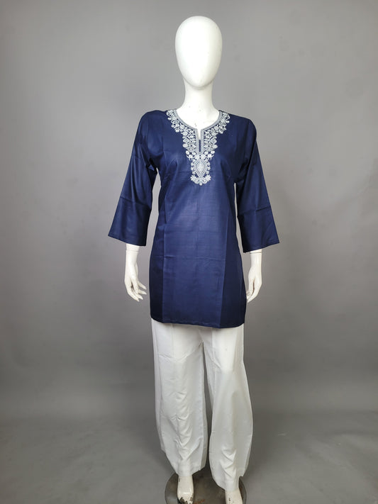 Navy Blue Kurti with White Embroidery