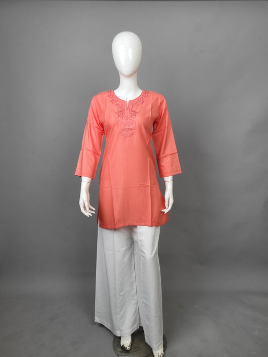 Elegant Peach Embroidered Kurta with Cotton Plazo