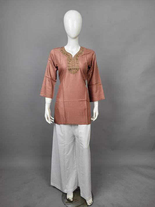 Elegant Brown Embroidered Kurta with Cotton Plazo