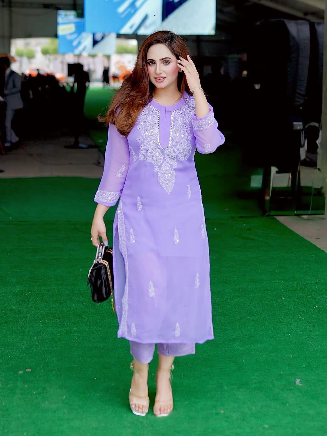 Lucknowi Chikankari Shirt with Gala Booty & Mirror Work (Lavender With Inner)
