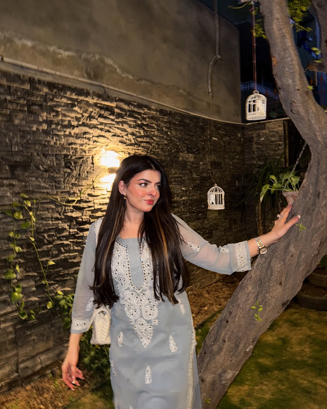 Lucknowi Chikankari Shirt with Gala Booty & Mirror Work (Grey With Inner)