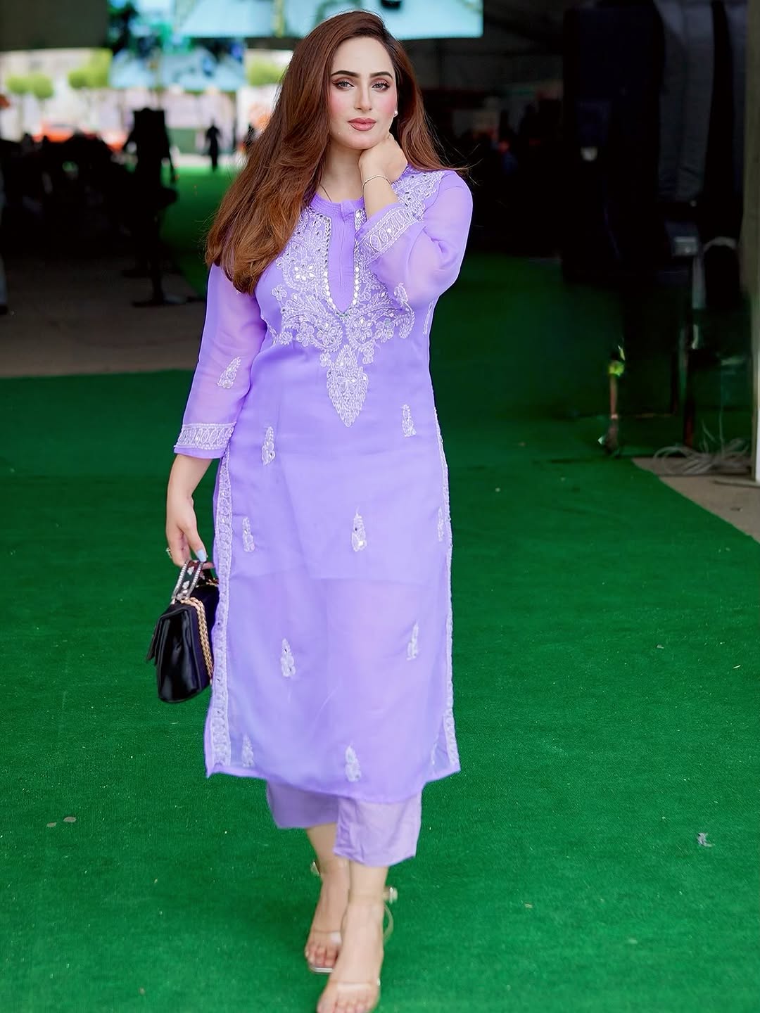 Lucknowi Chikankari Shirt with Gala Booty & Mirror Work (Lavender With Inner)