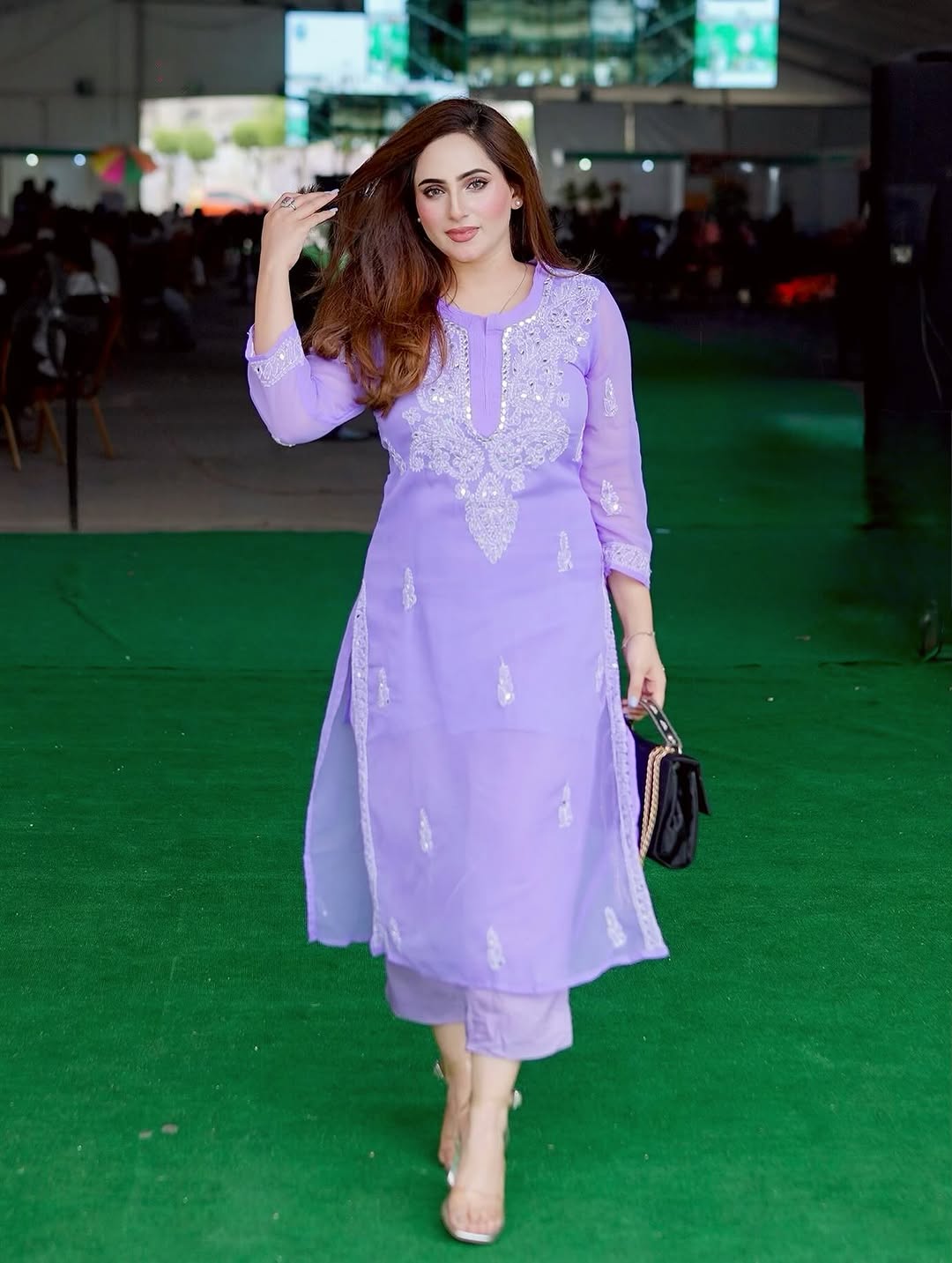 Lucknowi Chikankari Shirt with Gala Booty & Mirror Work (Lavender With Inner)