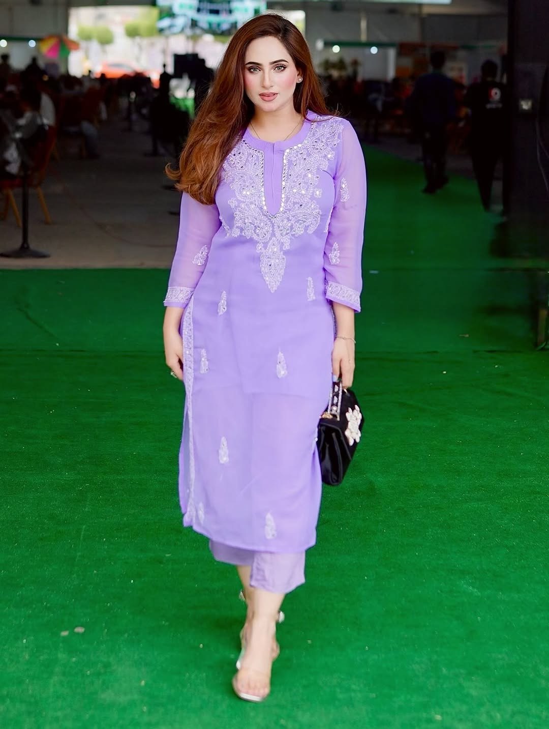 Lucknowi Chikankari Shirt with Gala Booty & Mirror Work (Lavender With Inner)