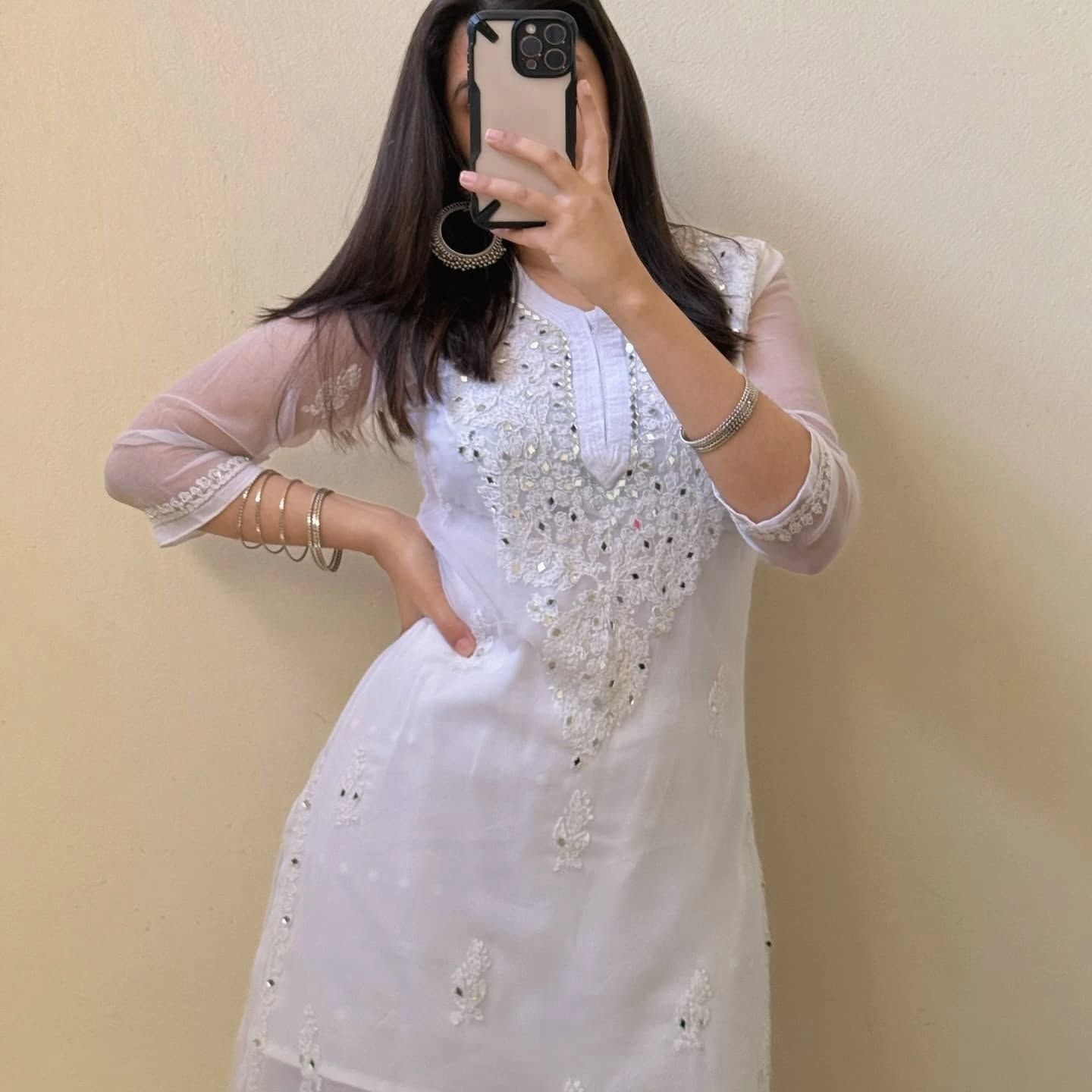 Lucknowi Chikankari Shirt with Gala Booty & Mirror Work (White With Inner)